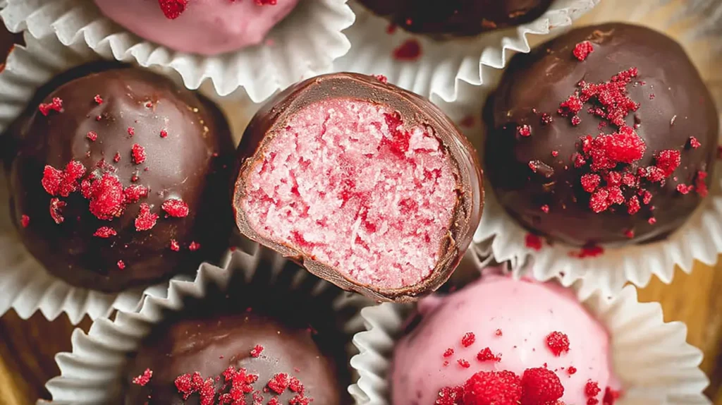 A selection of homemade creamy raspberry truffles on a white platter.