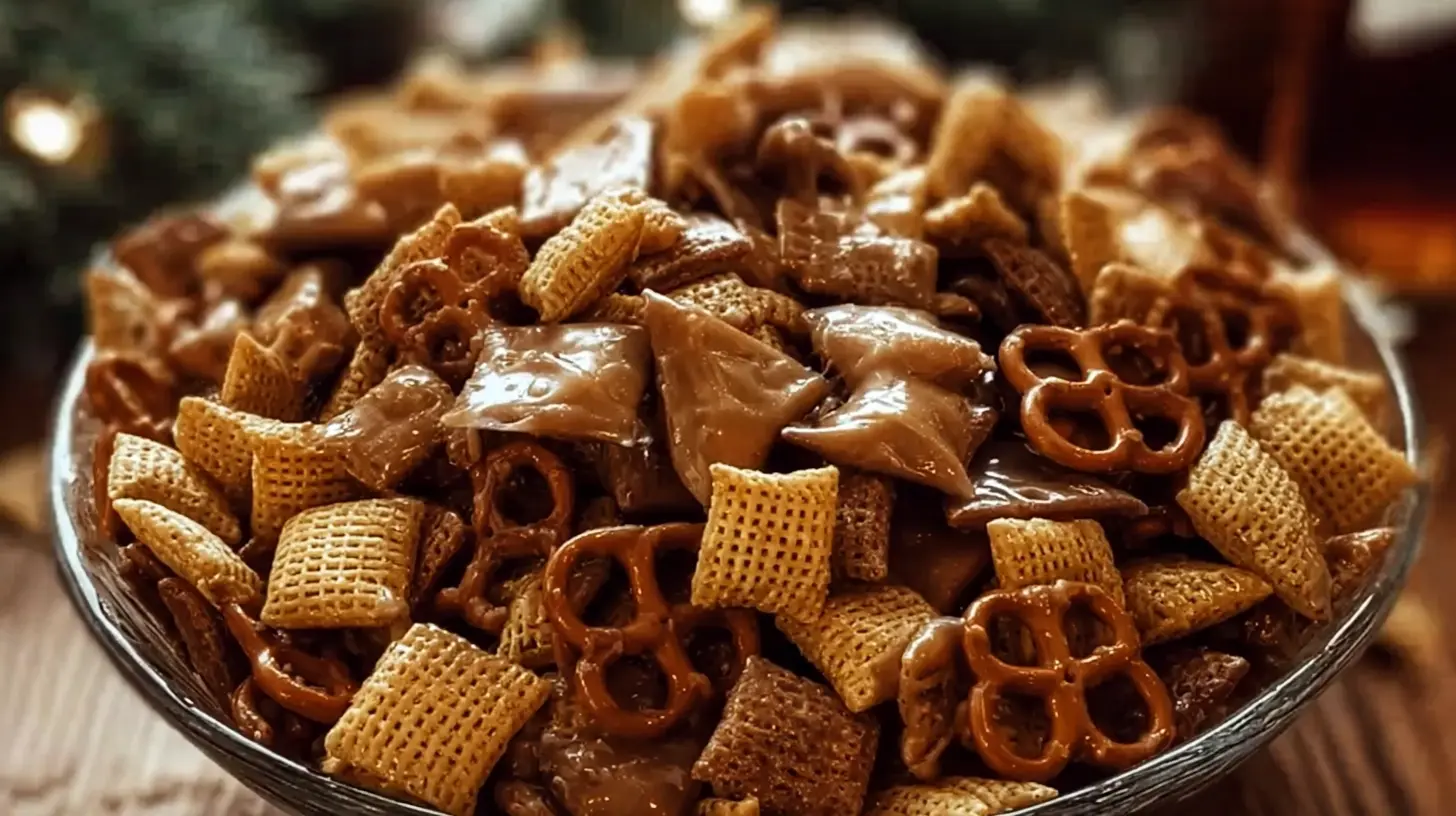 Delicious Toffee Chex Mix scattered on a baking sheet, showcasing its crunchy texture and sweet glaze.