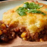 Classic Texas Tamale Pie in a baking dish, ready to be served.
