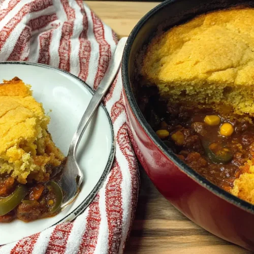 A delicious Texas Tamale Pie, fresh from the oven, served on a rustic dish
