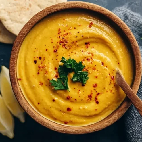 A bowl of rich and creamy vegan chickpea sauce, perfect for a plant-based meal.