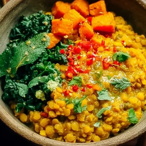 A vibrant vegan curried lentil bowl, garnished with fresh herbs and spices.