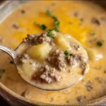 Close-up of cheesy beef and potato soup with melted cheese swirls