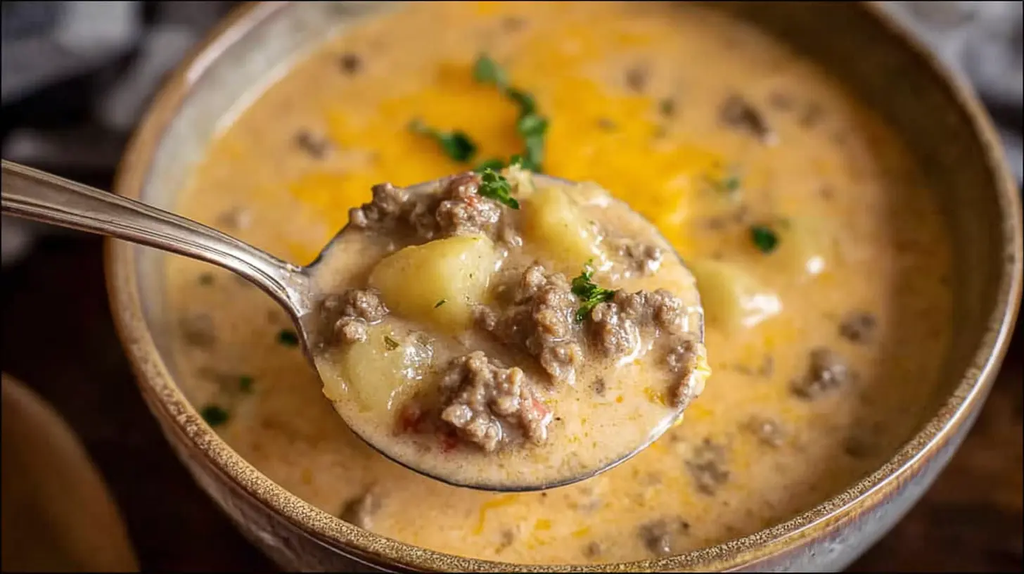 Close-up of cheesy beef and potato soup with melted cheese swirls