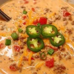 Warm creamy cheesy ground beef taco soup garnished with fresh avocado slices