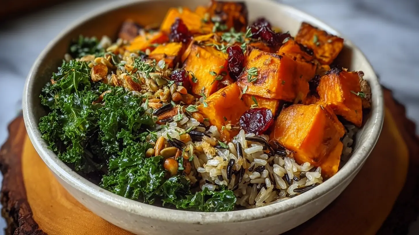 Delicious hearty wild rice bowl featuring roasted sweet potatoes and sautéed kale.