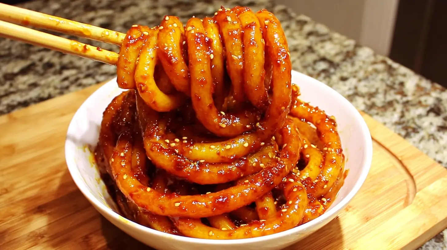 Spicy potato noodles with a rich, dark sauce and green onions