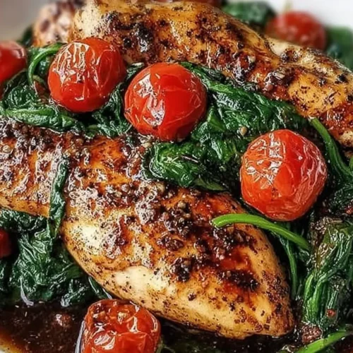 Balsamic garlic chicken with tomatoes and spinach in a skillet with a tangy sauce