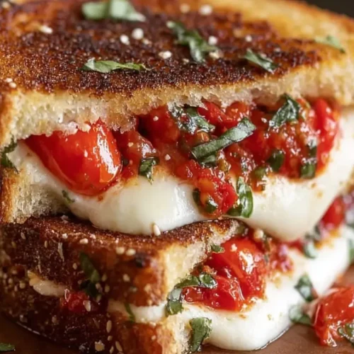 A delicious bruschetta grilled cheese sandwich with melted cheese