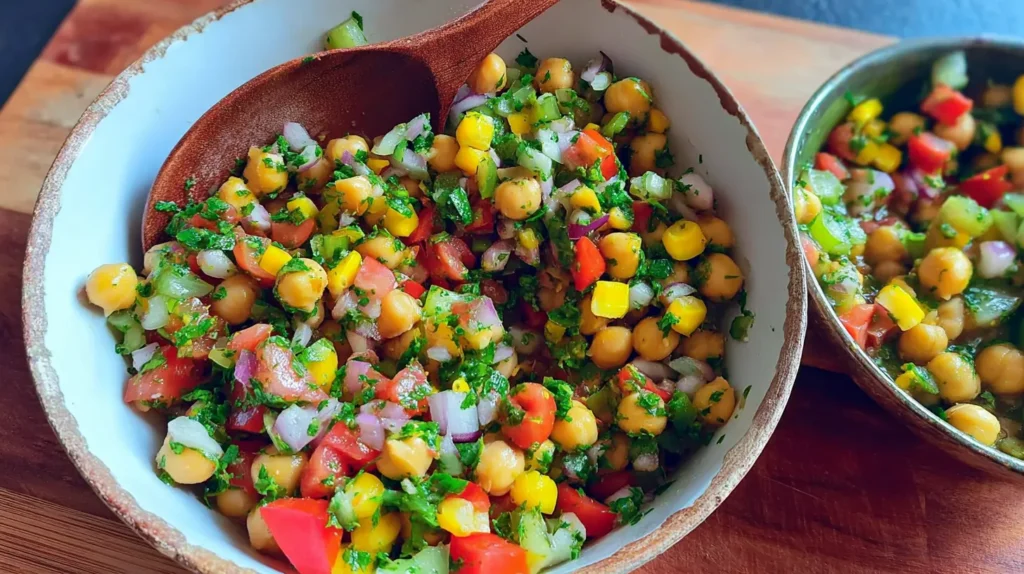 A vibrant chana salad, perfect for healthy veg dishes, containing various fresh vegetables.