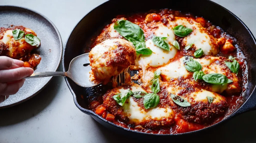 Cheesy chicken and tomato sauce cooking in a single skillet, no frying needed