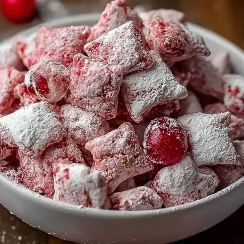 A vibrant pile of Cherry Cheesecake Puppy Chow snack mix