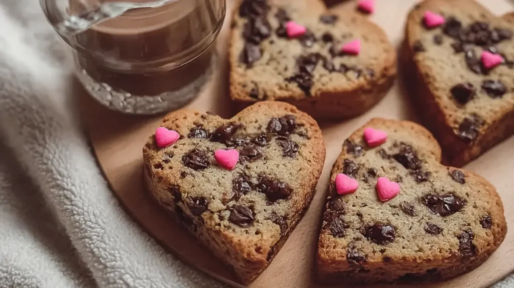 A plate full of warm heart shaped chocolate chip cookies