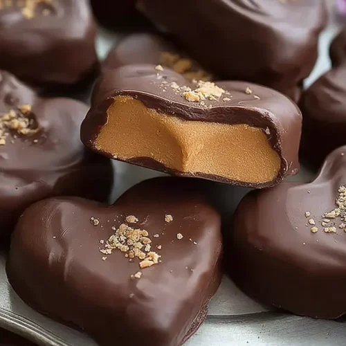 A collection of chocolate peanut butter Valentine's hearts arranged beautifully.