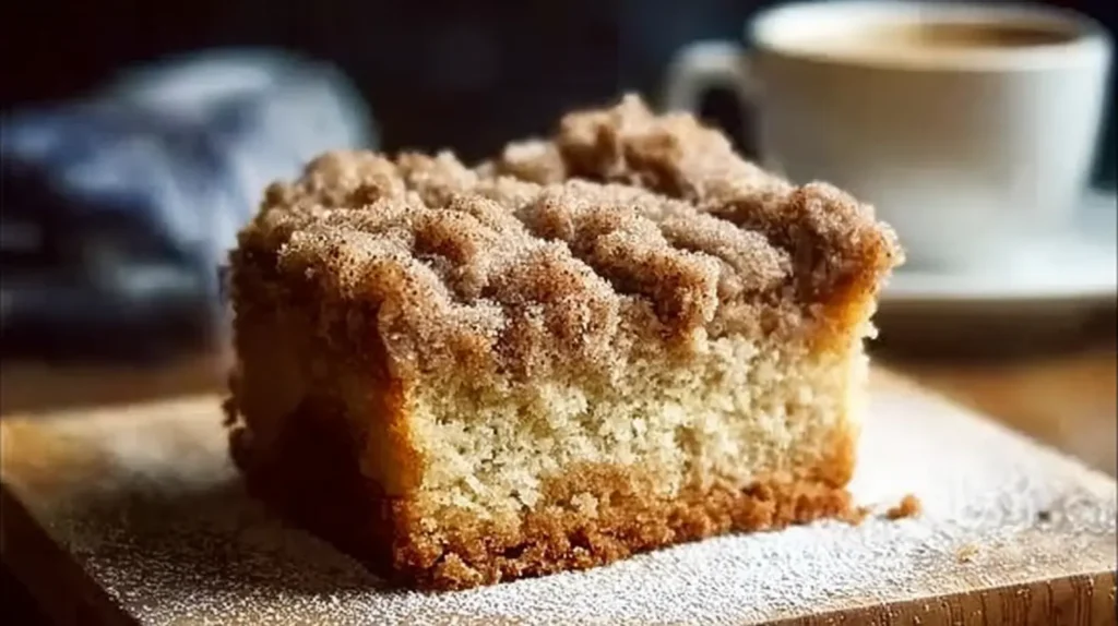 Close-up of a freshly baked New York Style Crumb Cake