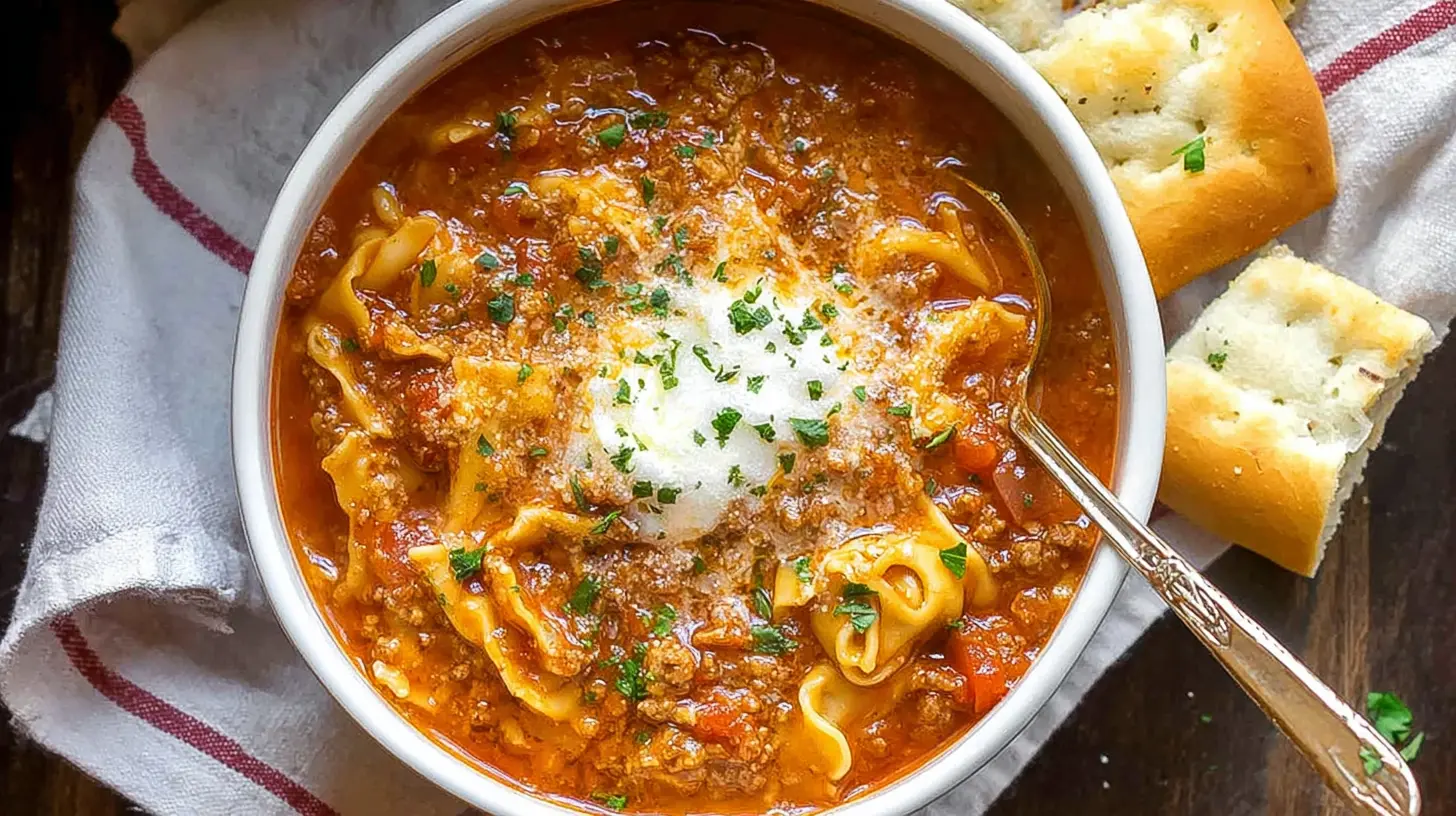 Close-up of comforting lasagna soup, showcasing fresh herbs and melted cheese.