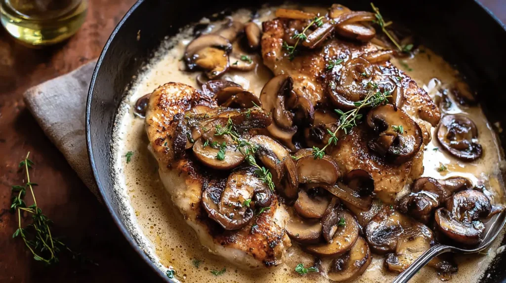 Close-up of balsamic chicken, artfully plated with tender mushrooms and glossy onions