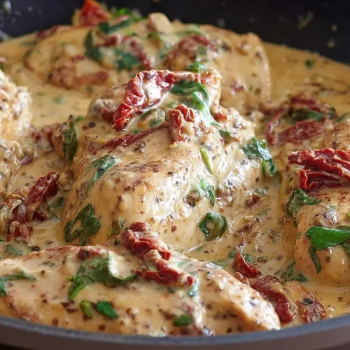 A skillet filled with creamy Tuscan chicken, sun-dried tomatoes, and spinach.