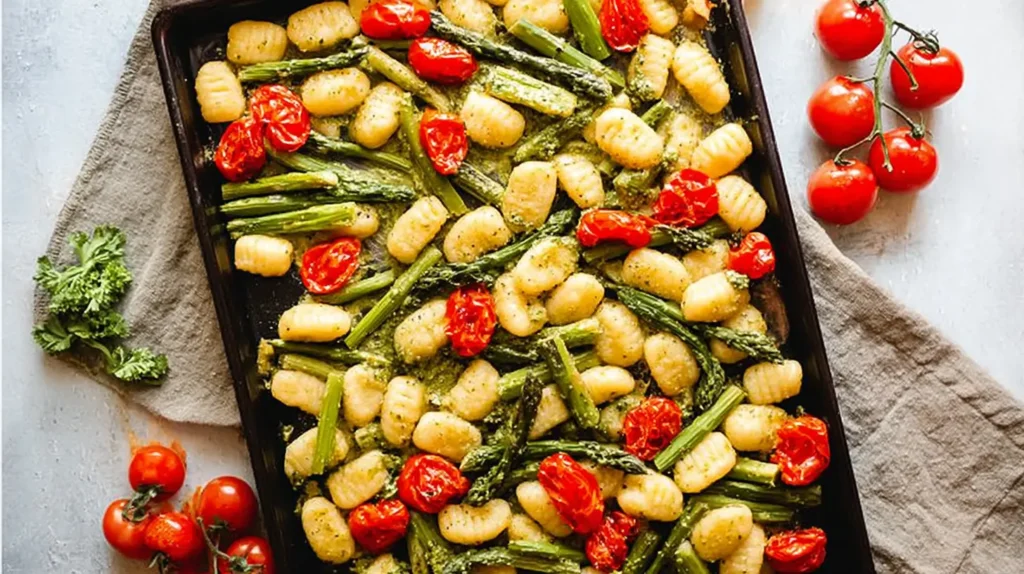 Roasted gnocchi and colorful spring veggies tossed in pesto on a baking sheet
