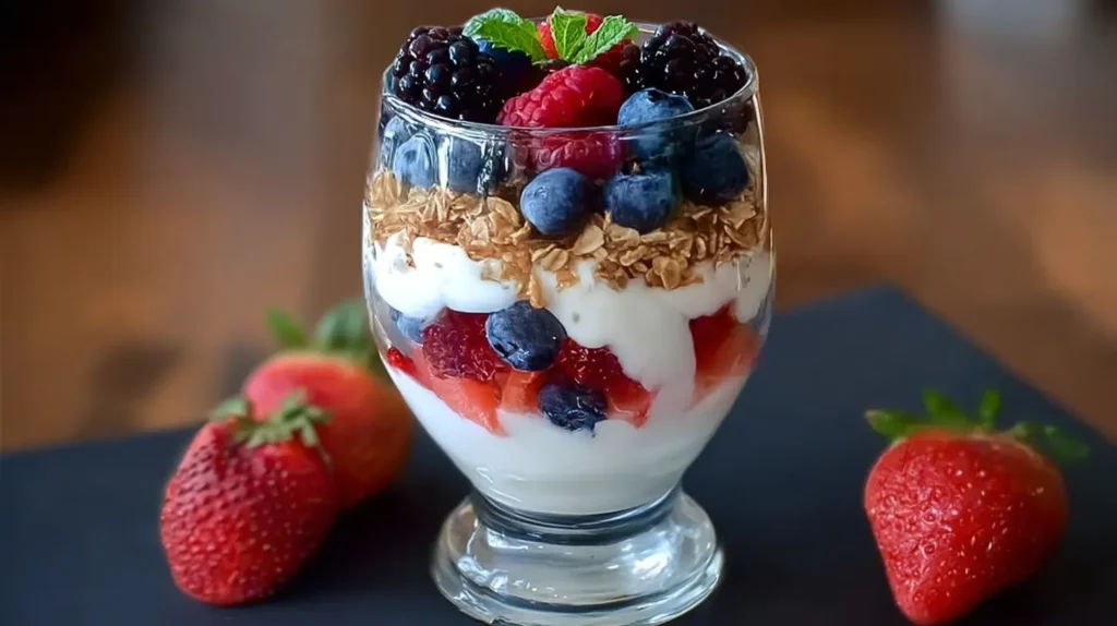Creamy Greek yogurt mixed with mixed berries for a healthy snack.