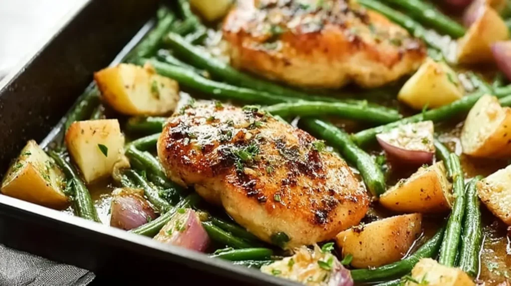 Roasted honey mustard chicken with vibrant green beans on a single sheet pan.