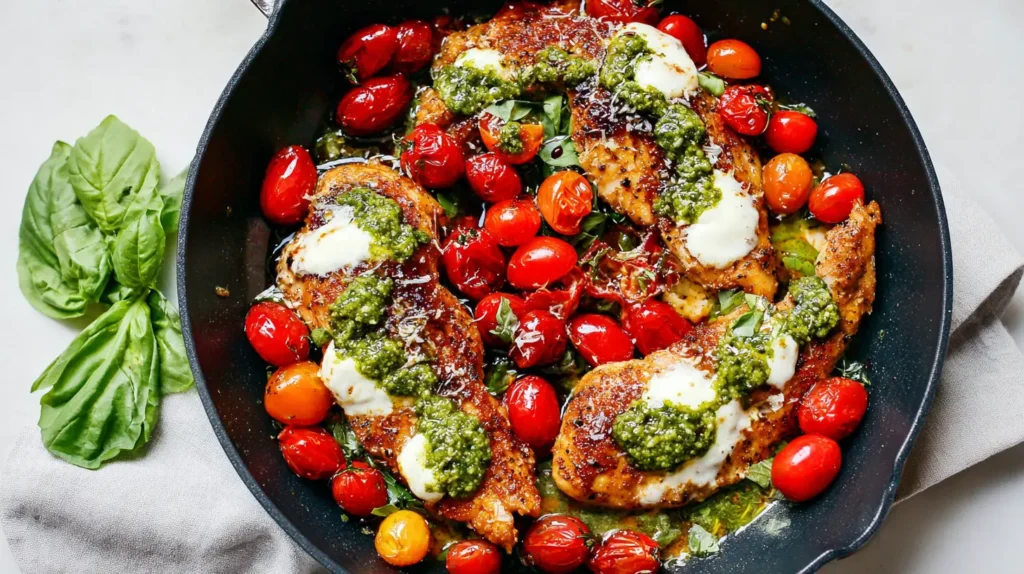 A baking dish filled with juicy one-pan chicken caprese, featuring vibrant tomatoes.