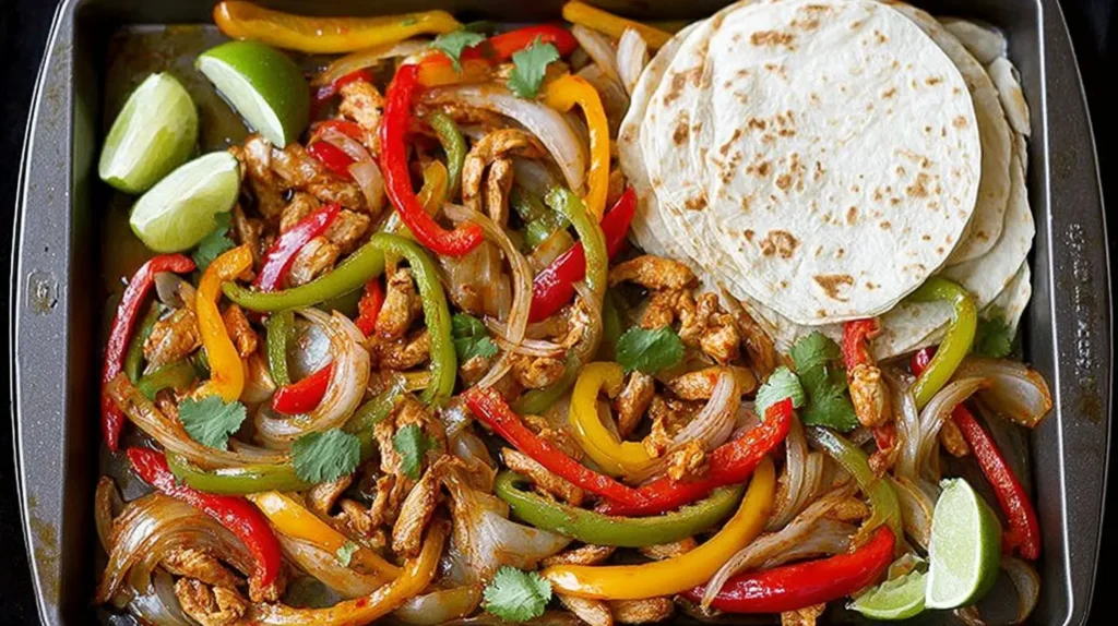 Cooked sheet pan fajita vegetables, including sliced bell peppers and onions, on a baking tray.