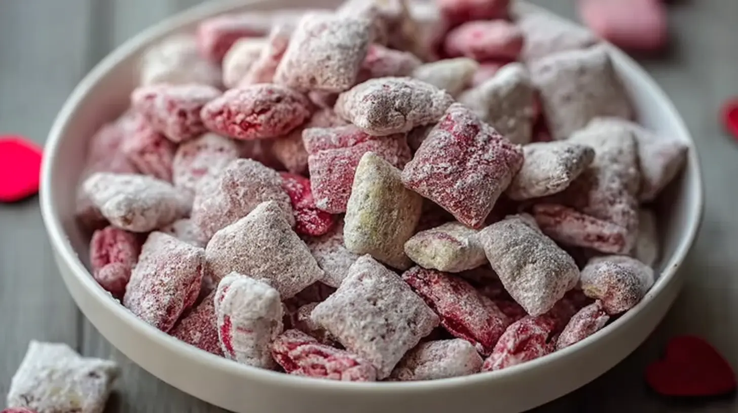 Heart-shaped candies mixed into Valentine's Day Muddy Buddies snack