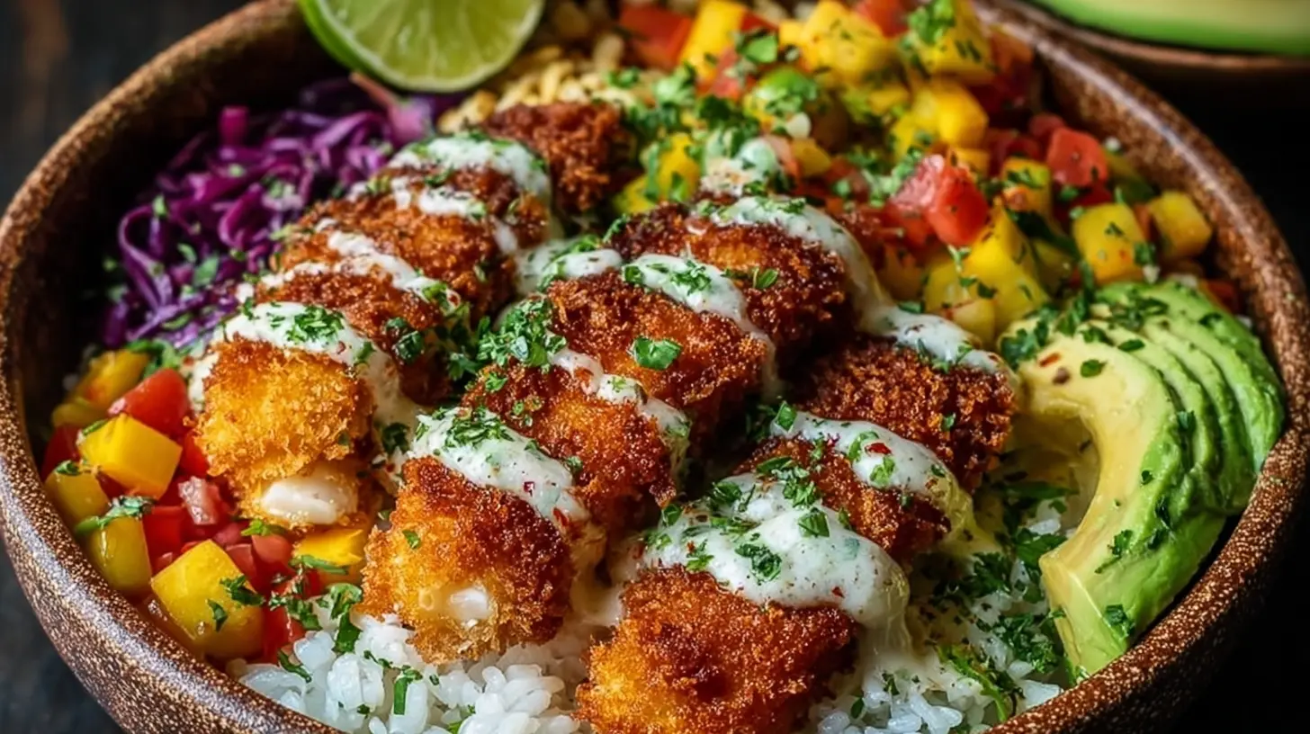 Delicious Crispy Fish Taco Bowls presented with a creamy sauce and cilantro.