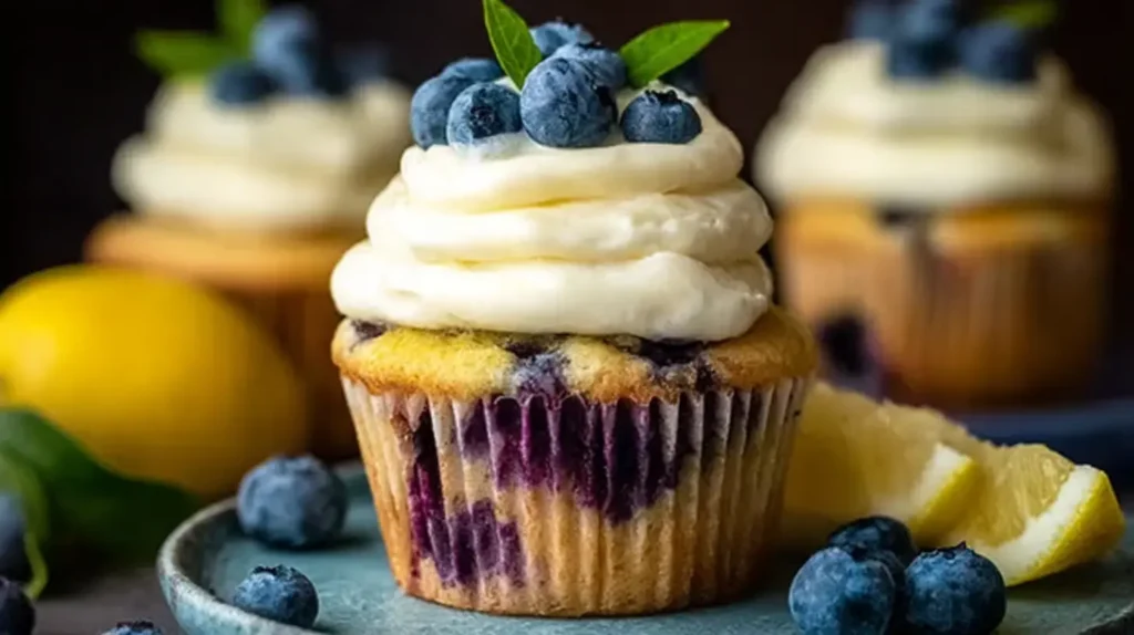 Lemon blueberry cupcakes showing off their golden-brown tops and vibrant blueberry specks.
