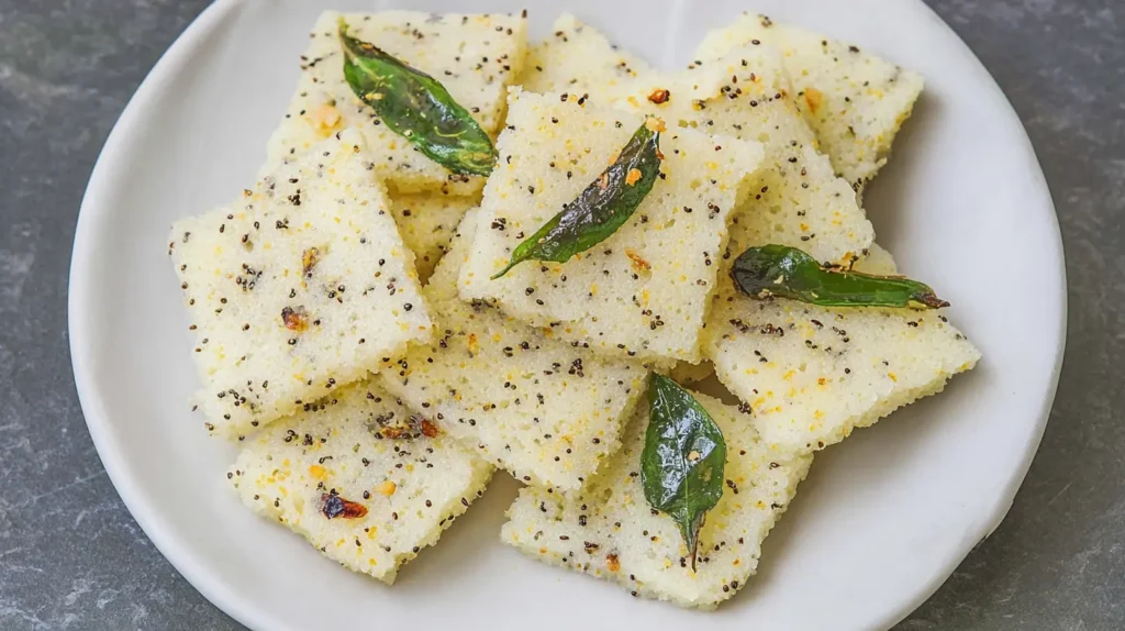 Freshly made Rava Dhokla pieces on a white serving plate