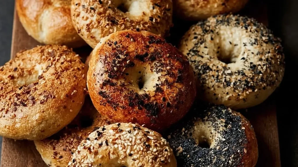 Freshly made homemade bagels with a shiny crust on a cooling rack.
