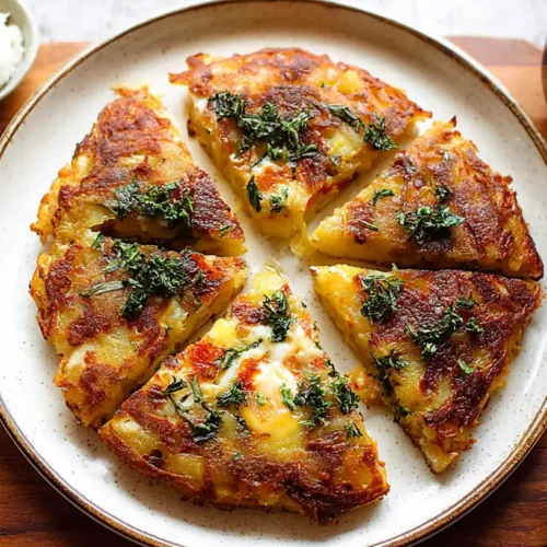 A close-up view of a savory Frika (potato and cheese hash) dish, showing the browned potato and melted cheese.