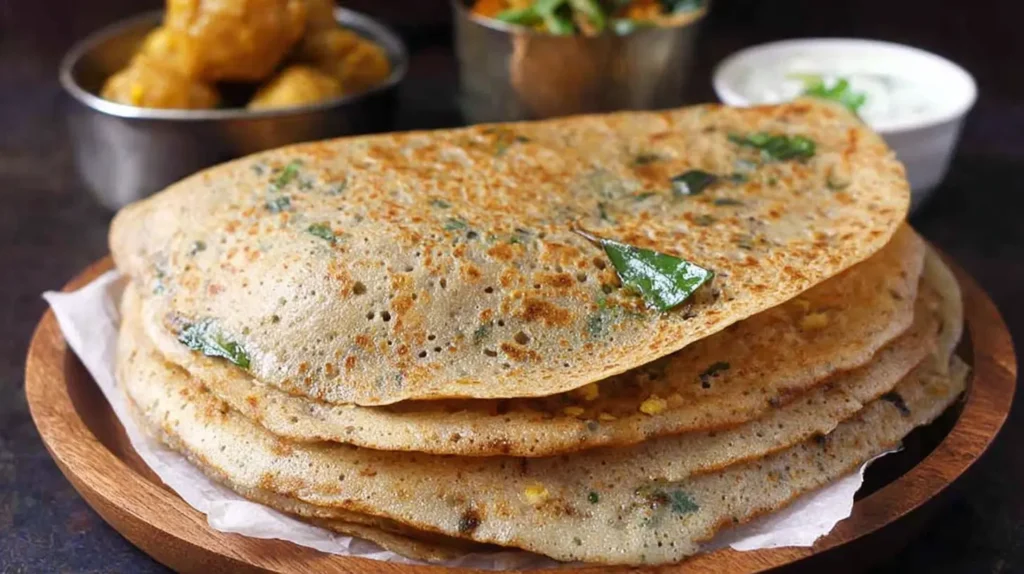 Delicious godhuma dosa, light and airy, served with chutney.