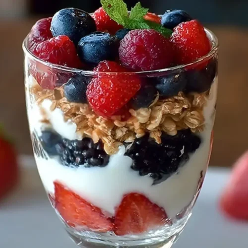 A bowl of fresh Greek yogurt topped with a variety of colorful berries.