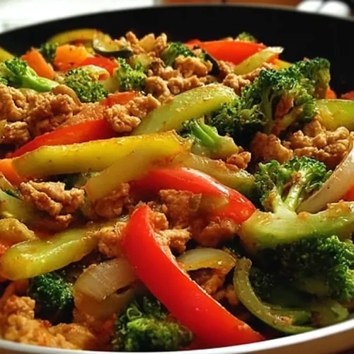 A vibrant Healthy Turkey Vegetable Stir-Fry in a large pan