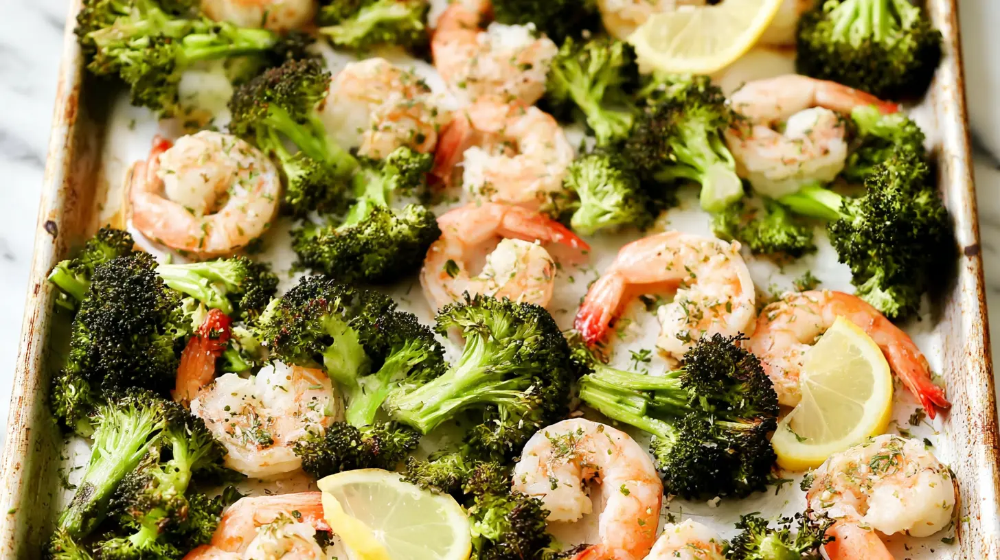 High-protein sheet pan featuring shrimp and broccoli in garlic butter sauce