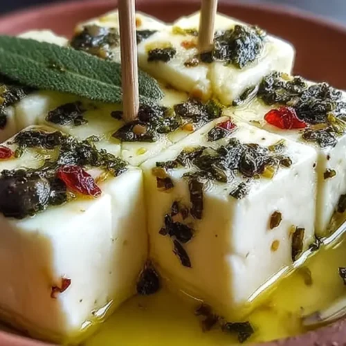 A delectable marinated cheese appetizer, perfect for any gathering.