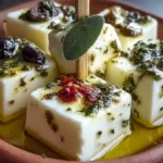 Bite-sized marinated cheese pieces, ready to be served.