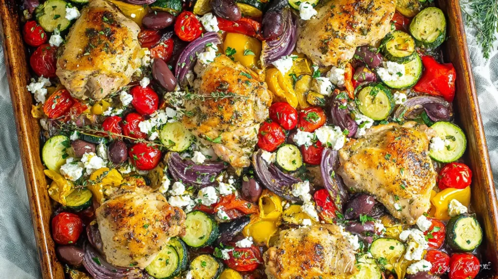 Roasted chicken and mixed vegetables, including bell peppers and zucchini, on a sheet pan with olives and feta