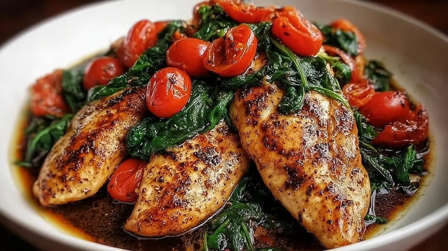One-pan balsamic garlic chicken meal featuring vibrant tomatoes and spinach