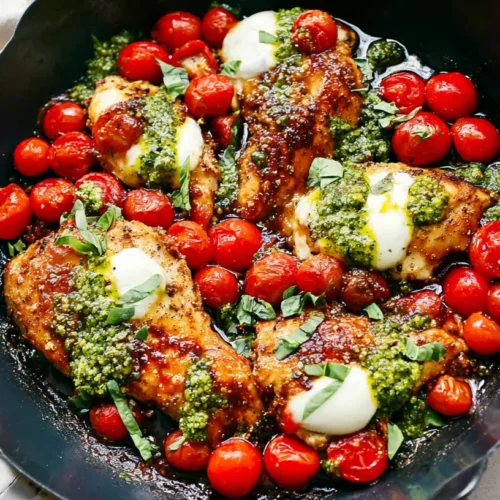 One-Pan Chicken Caprese with melted mozzarella, ripe tomatoes, and fresh basil.