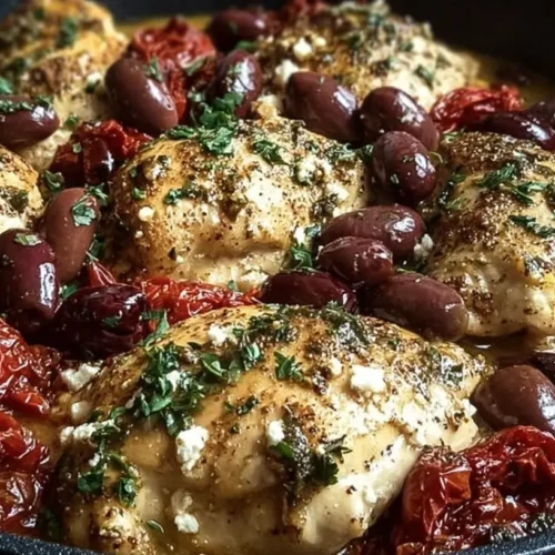 One-pan Greek chicken dish with olives and feta cheese, showcasing briny and fresh ingredients.