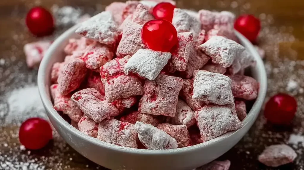 Close-up of Cherry Cheesecake Puppy Chow with powdered sugar coating