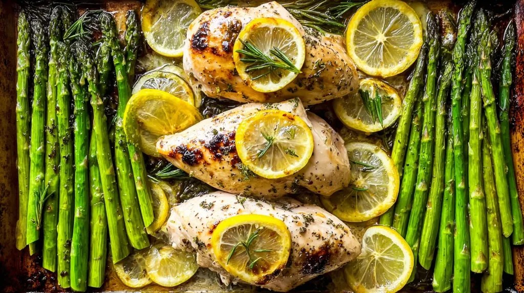 A quick roast of lemon herb chicken alongside vibrant green asparagus.