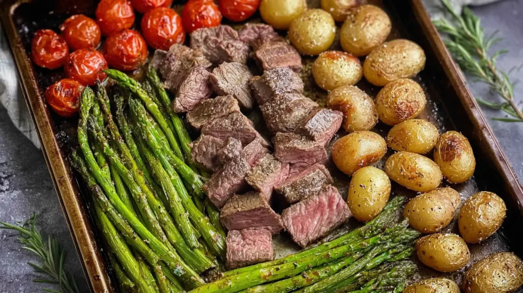 Delicious sheet pan steak bites with tender green asparagus