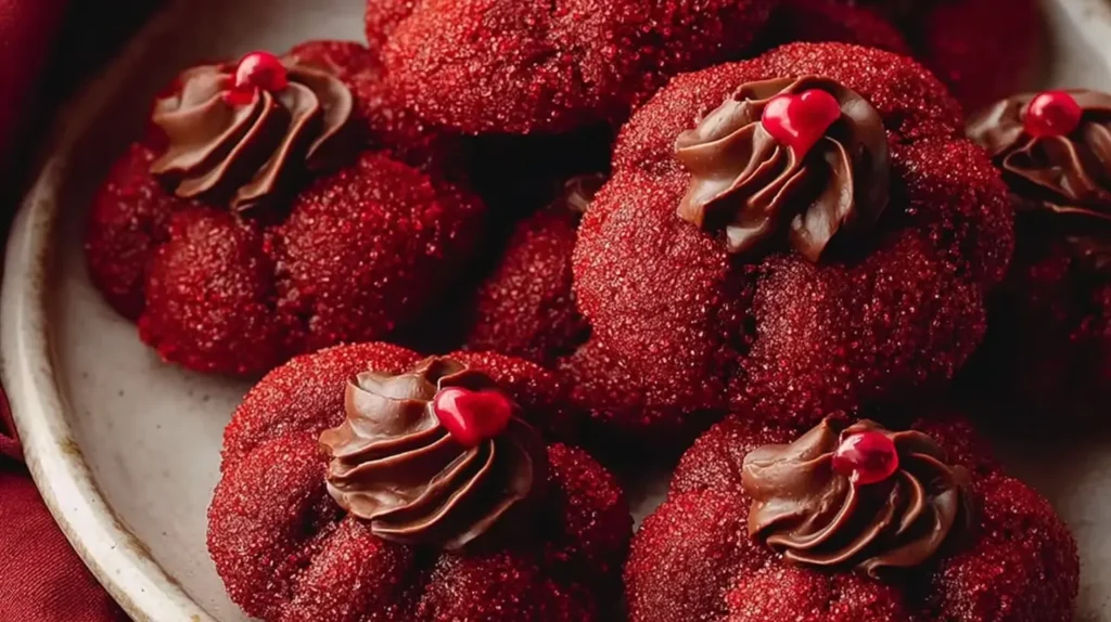 Hershey's Red Velvet Blossoms arranged neatly, highlighting the contrast between the cookie and chocolate.