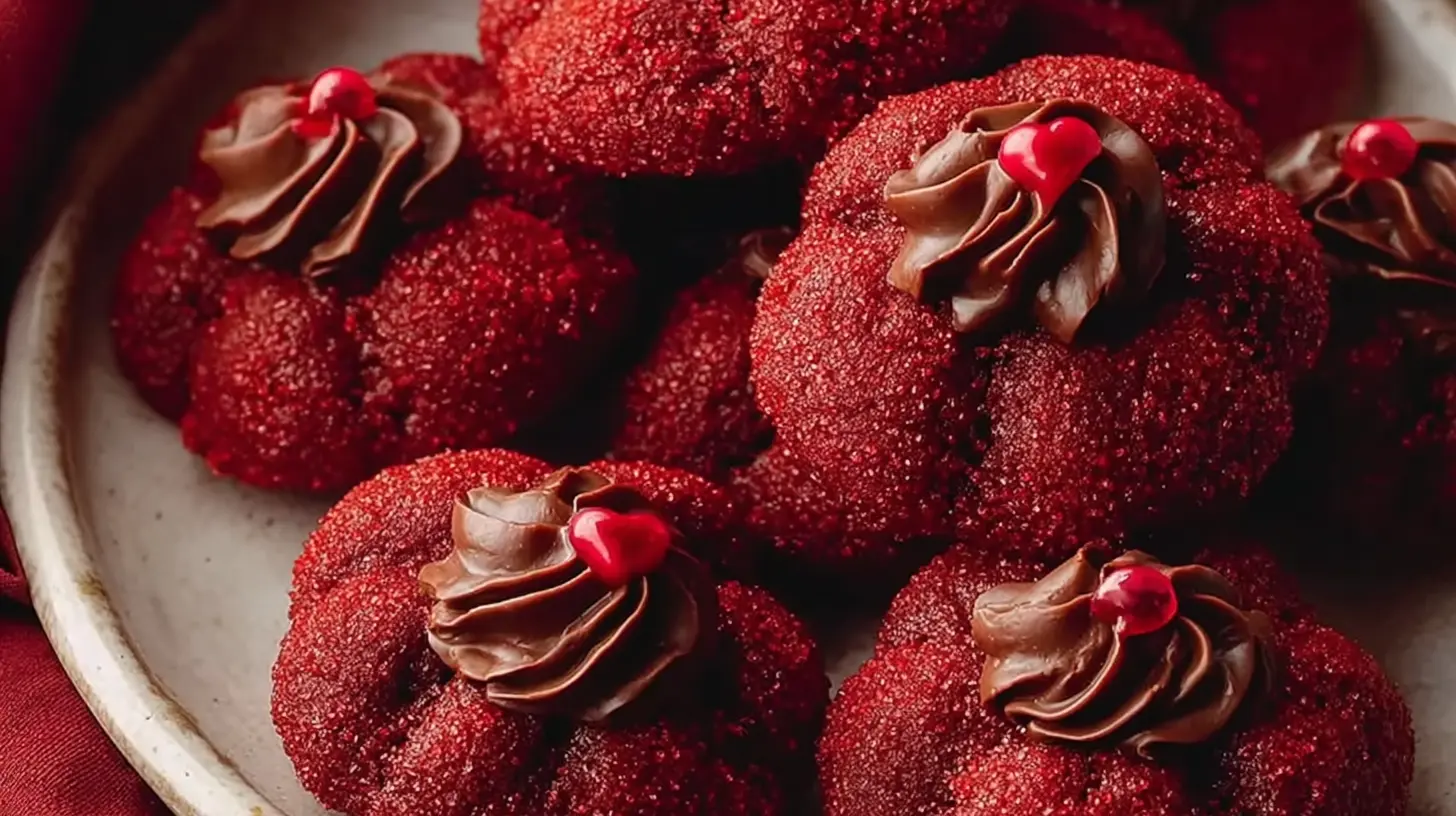 Hershey's Red Velvet Blossoms arranged neatly, highlighting the contrast between the cookie and chocolate.