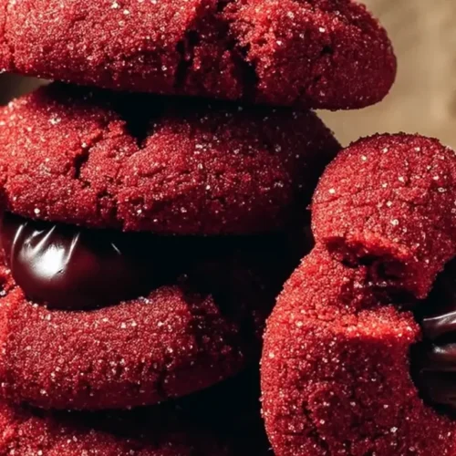 Red Velvet Kiss Cookies with a Hershey's Kiss on top and powdered sugar dusting