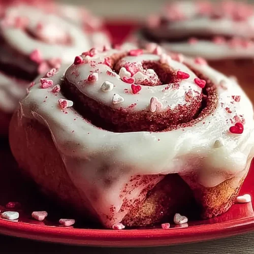 Plush red velvet Valentine's Day cinnamon rolls with cream cheese frosting